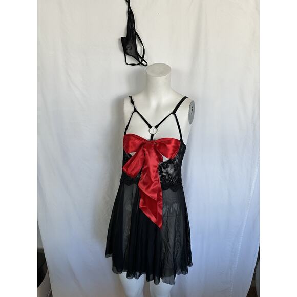 Unwrap Me Babydoll Red Bow Lingerie Teddy Sleepwear Black Size Large - Picture 2 of 6